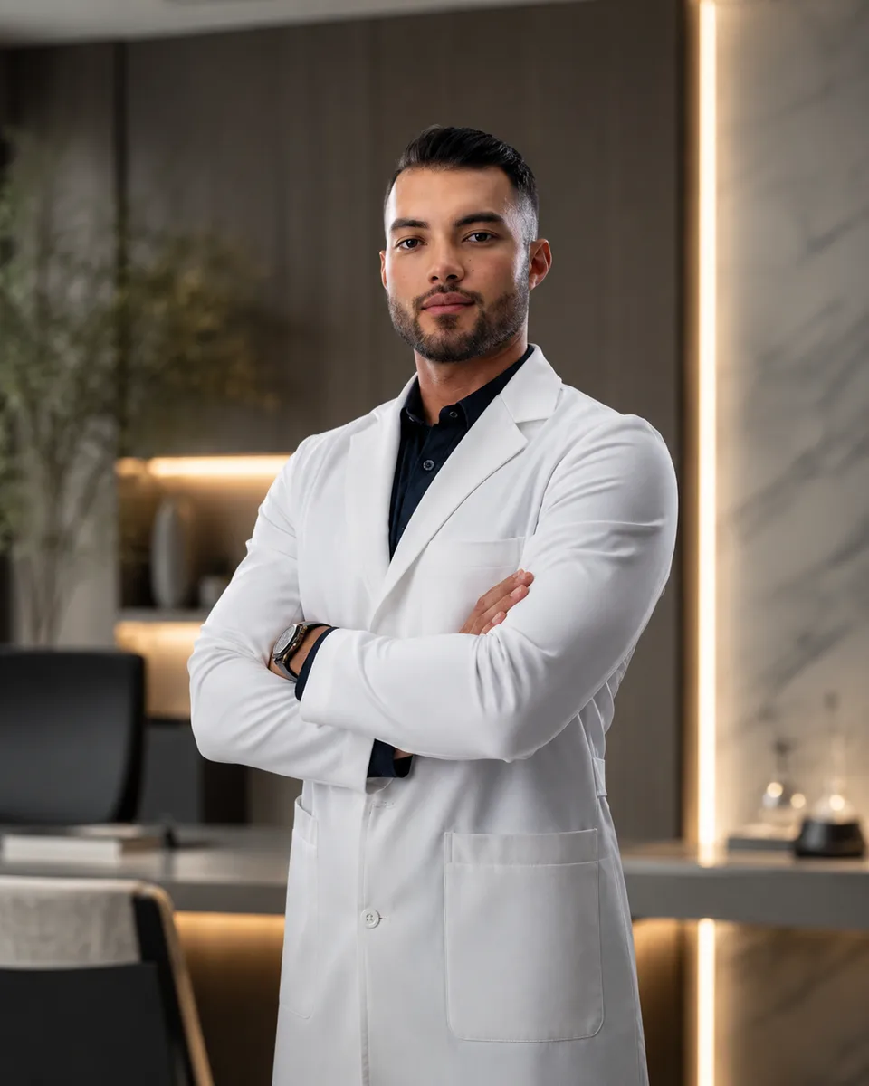 Dr. Luis Fernando Yokosawa de jaleco branco, com os braços cruzados, em seu consultório.